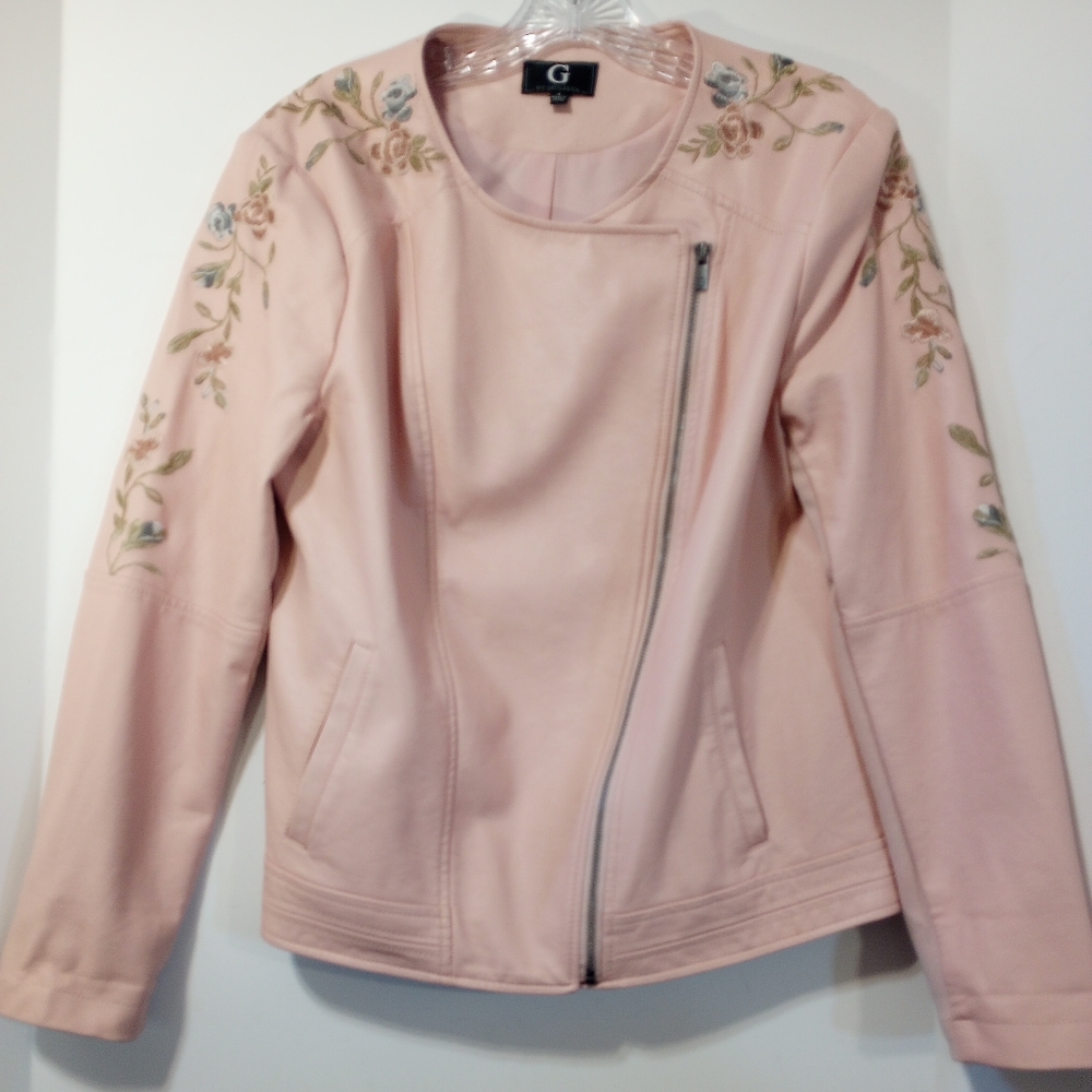 Blush Pink Faux Leather Embroidered G by Jiuliana Moto Jacket SZ L